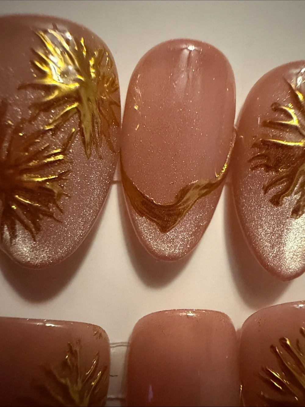 Neutral cateye Pink handmade acrylic Press-On Nails with Gold Floral Accents